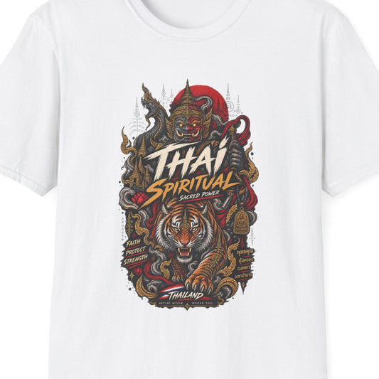 Thai Spiritual T-Shirt weiß - Guardian Tiger Graphic Tee Geschenk – Design Nahaufnahme
