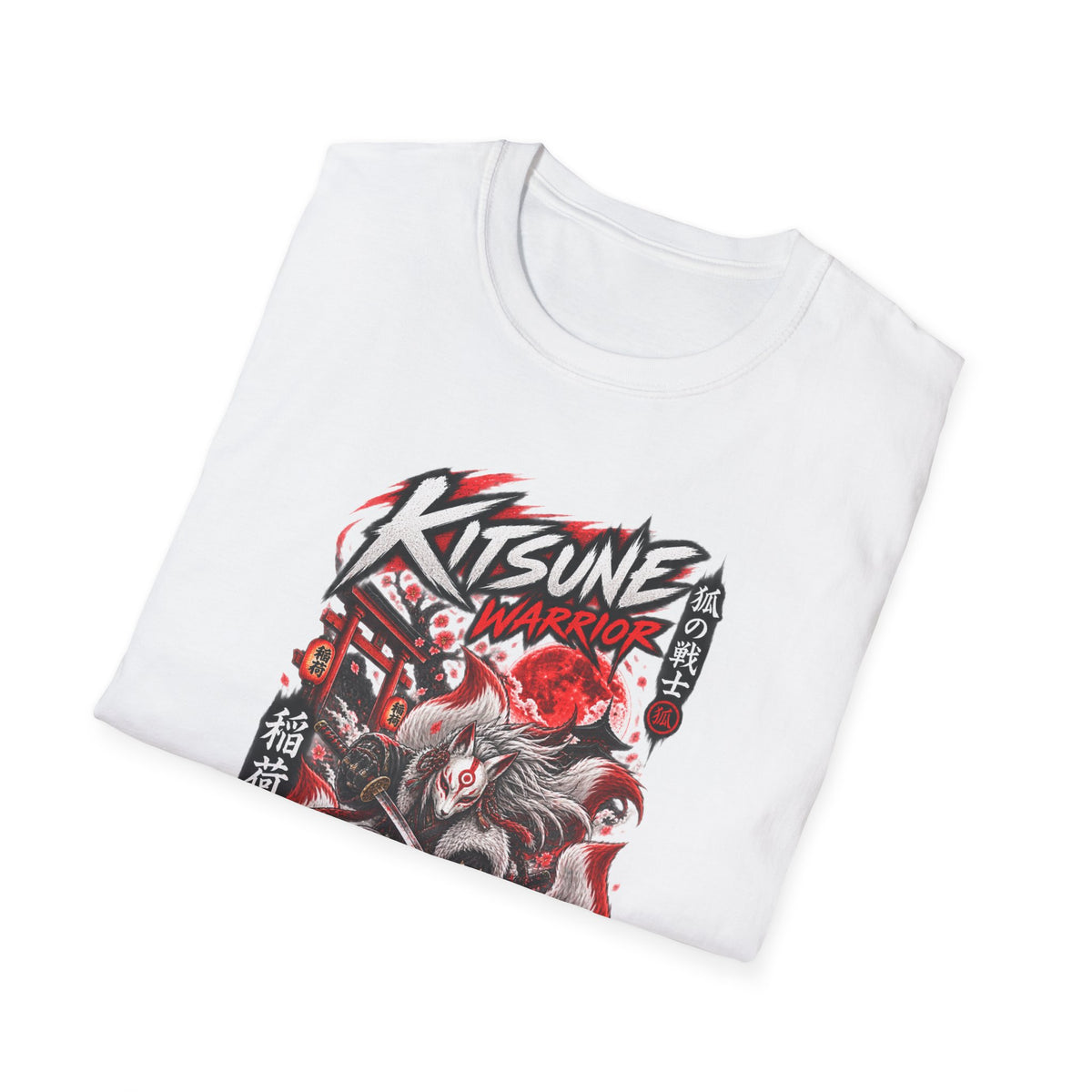 Kitsune Warrior T-Shirt gefaltet — Detail Fuchs Samurai Print mit Torii und Kanji