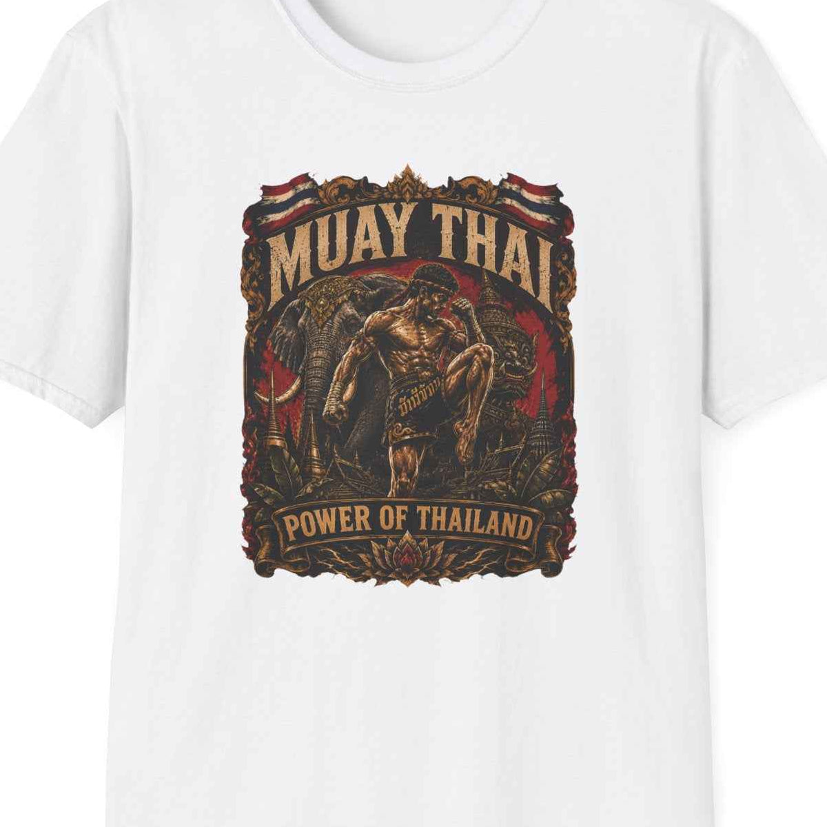 Muay Thai T-Shirt Born to Fight weiß – Thai Boxing Fighter Graphic Tee Vintage – Design Nahaufnahme