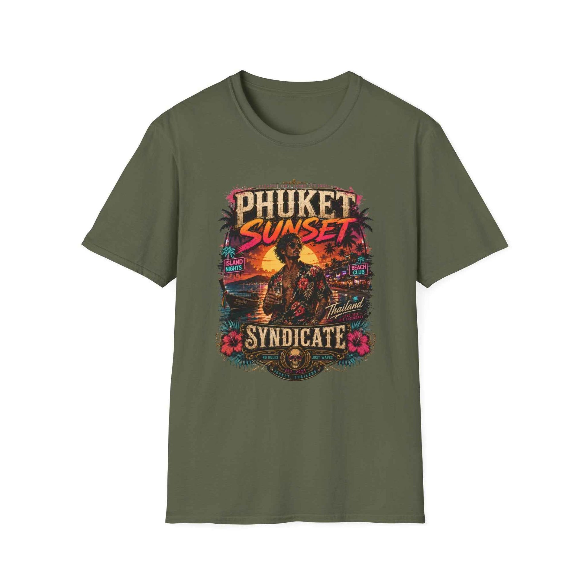 Phuket Sunset Syndicate T-Shirt militärgrün Thailand Beach Sunset Souvenir Geschenk