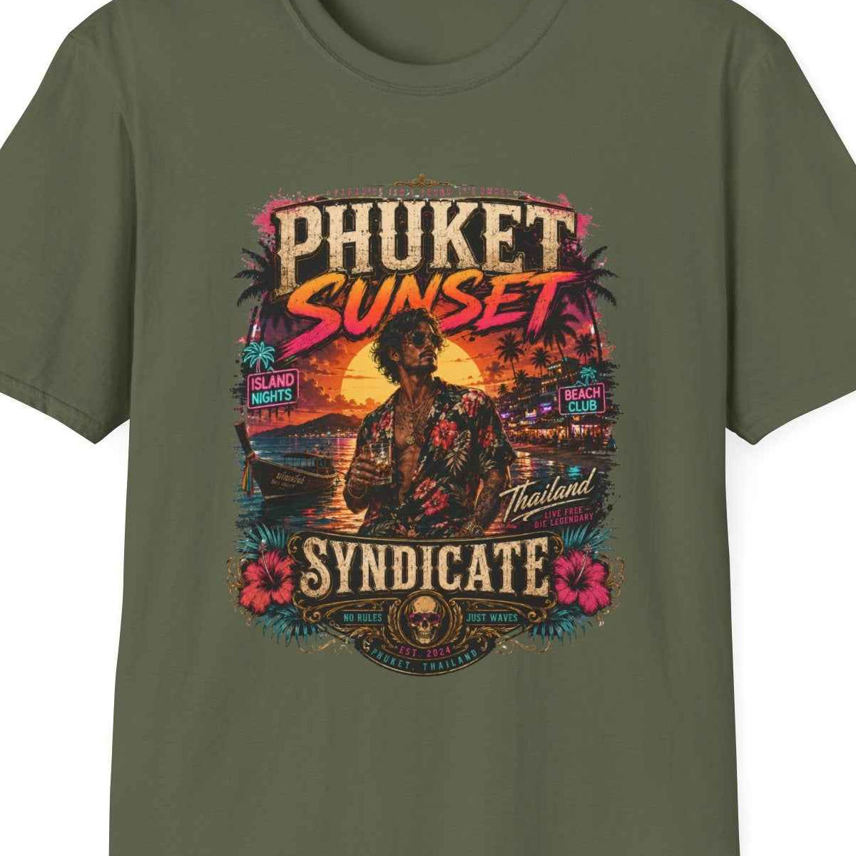 Phuket Sunset Syndicate T-Shirt militärgrün Thailand Beach Sunset Souvenir Geschenk – Design Nahaufnahme