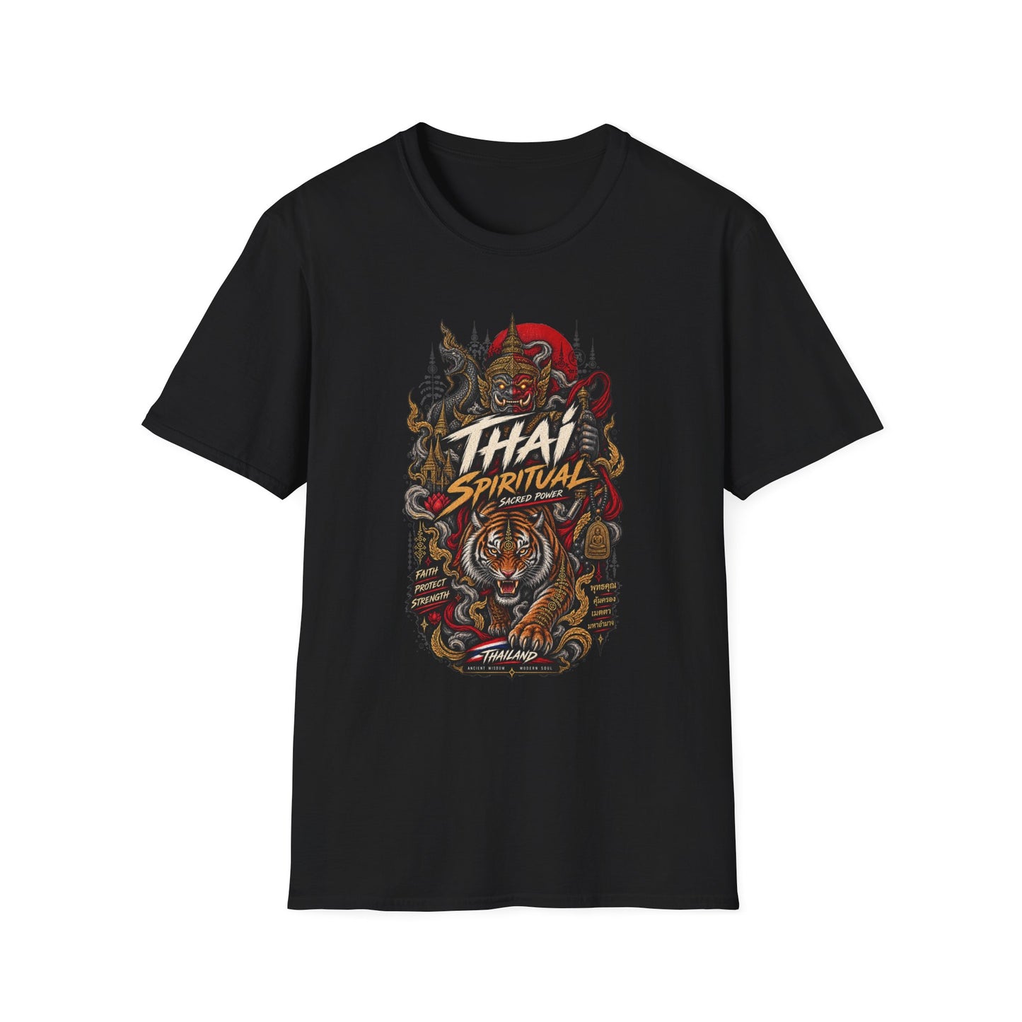 Thai Spiritual T-Shirt schwarz - Guardian Tiger Streetwear Geschenk