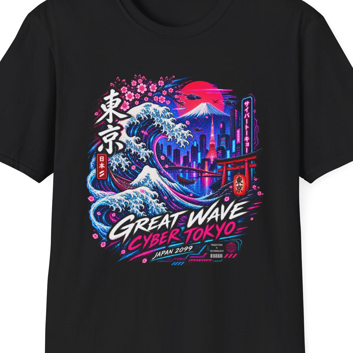 Black Neon Tokyo Wave T-Shirt – Design Nahaufnahme