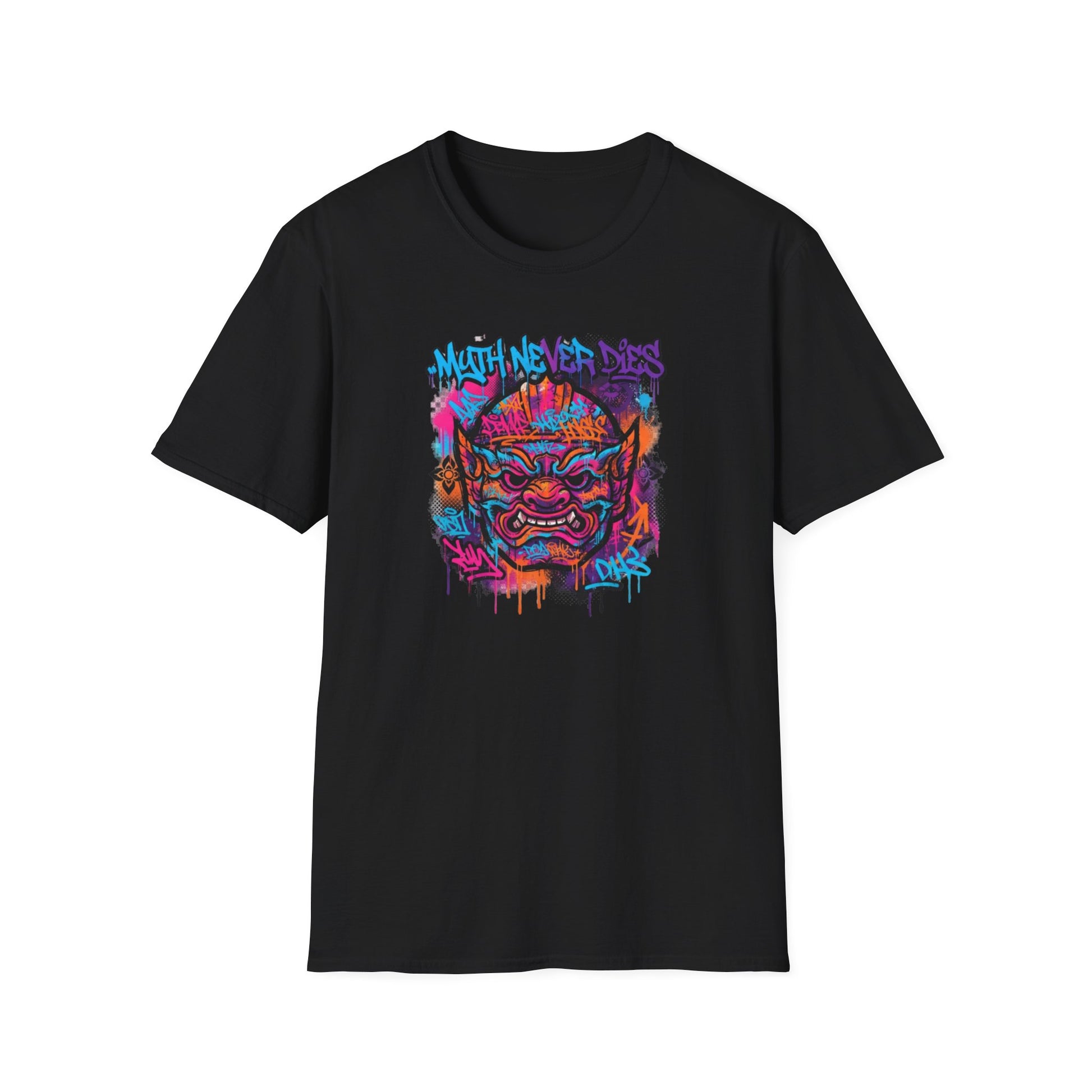 Myth Never Dies T-Shirt Detail — Graffiti Oni Maske Streetwear Print