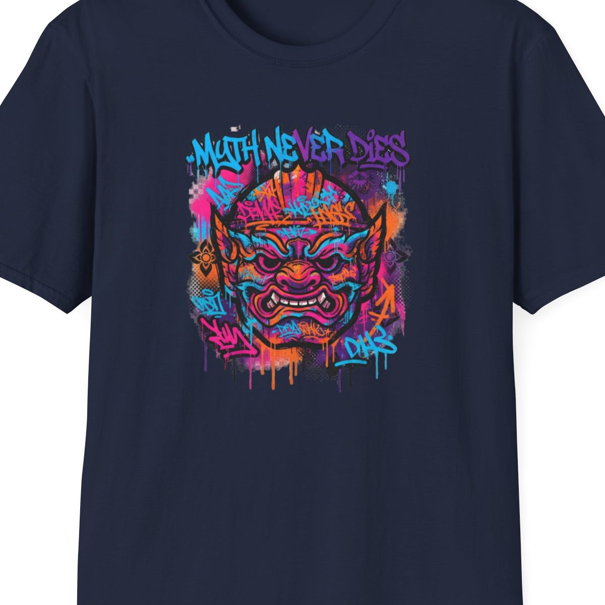 Navy Graffiti Oni Maske T-Shirt – Design Nahaufnahme