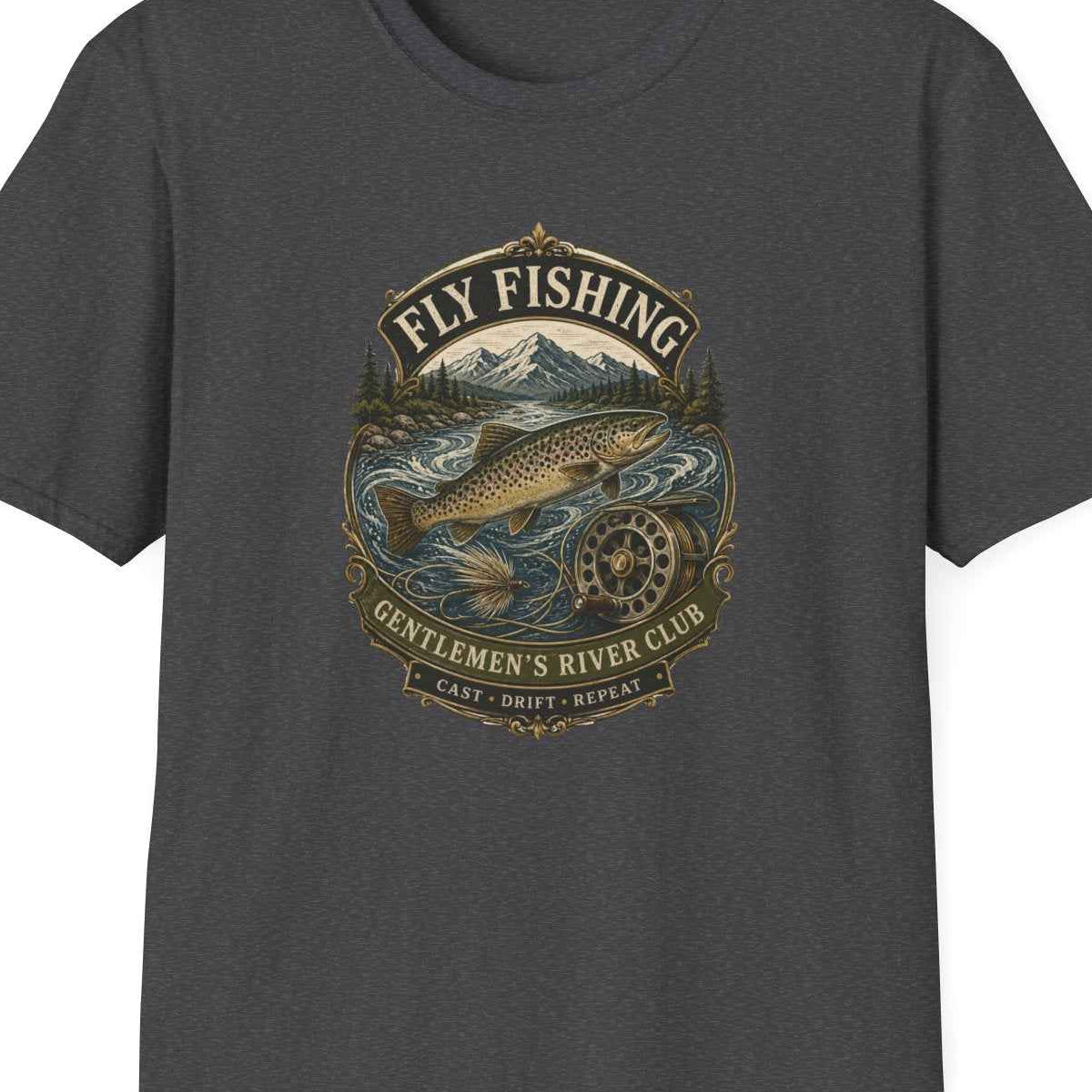 Fliegenfischen T-Shirt grau meliert — Fischer Geschenk Vintage Badge Forelle – Design Nahaufnahme