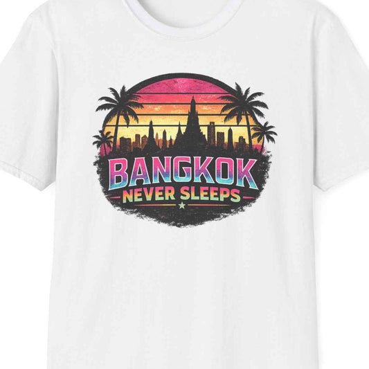 Bangkok Never Sleeps T-Shirt weiß Retro Synthwave Skyline Streetwear Geschenk – Design Nahaufnahme