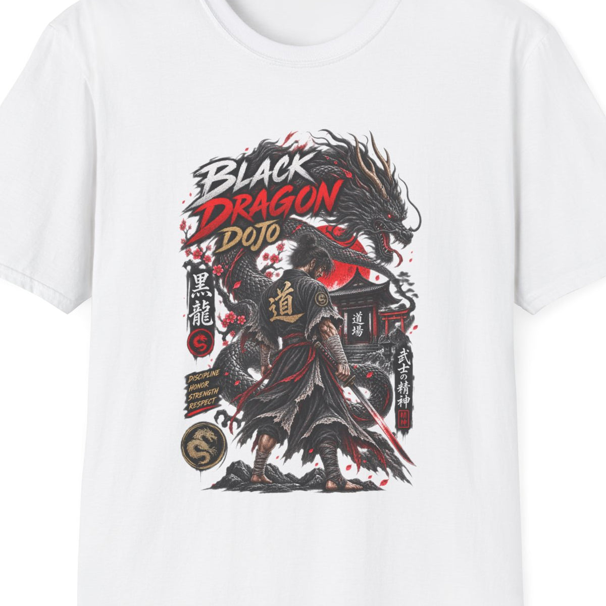 Black Dragon Dojo T-Shirt weiß — Samurai Drache Japanese Streetwear Vorderansicht