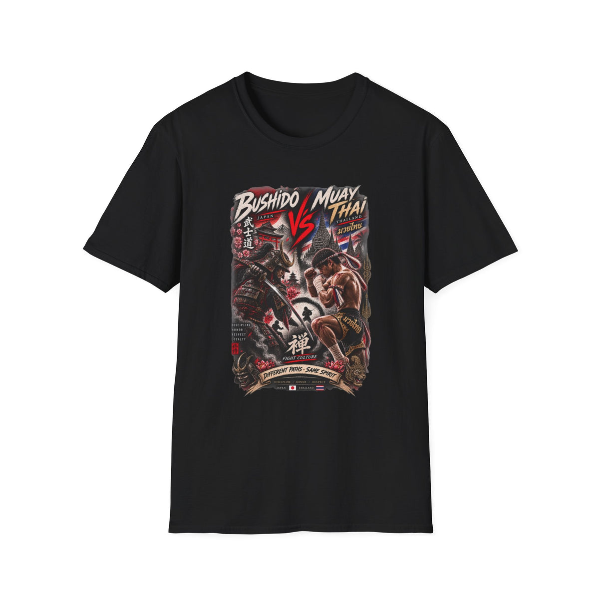 Bushido vs Muay Thai T-Shirt schwarz — Samurai Kämpfer Graphic Tee Geschenk