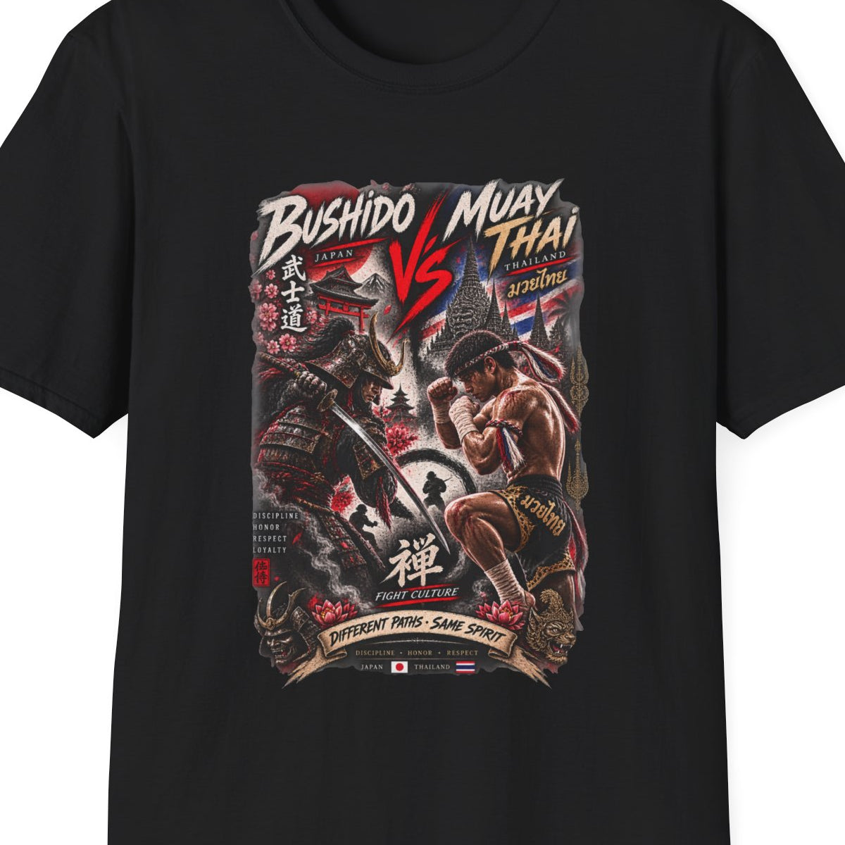 Bushido vs Muay Thai T-Shirt schwarz — Samurai Kämpfer Streetwear Vorderansicht