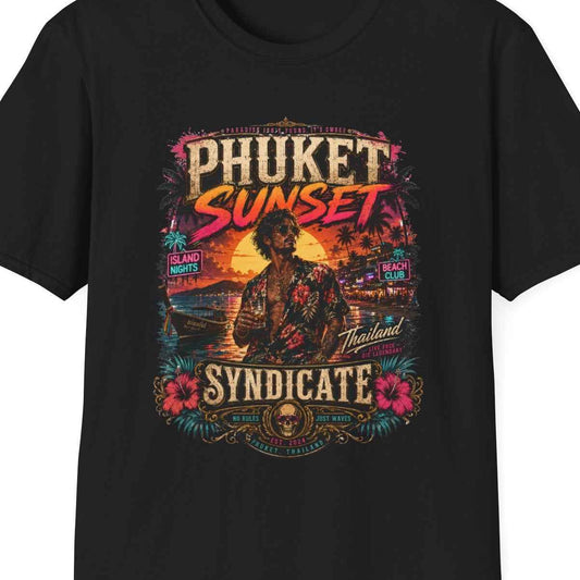 Phuket Sunset Syndicate T-Shirt schwarz Thailand Beach Club Sunset Graphic Tee – Design Nahaufnahme
