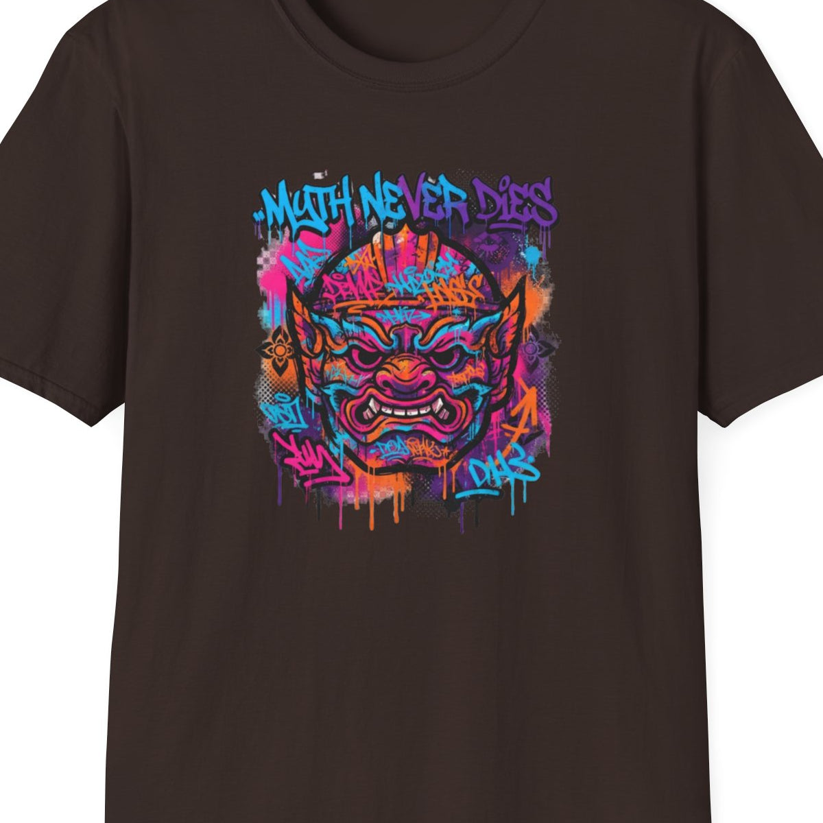 Dark Chocolate Graffiti Oni Maske T-Shirt – Design Nahaufnahme