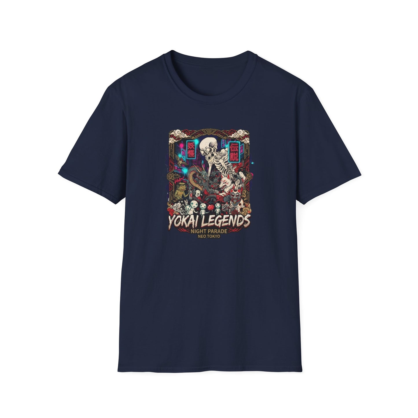 Night Parade Yokai T-Shirt Navy — Skelett Yokai Streetwear Vorderansicht