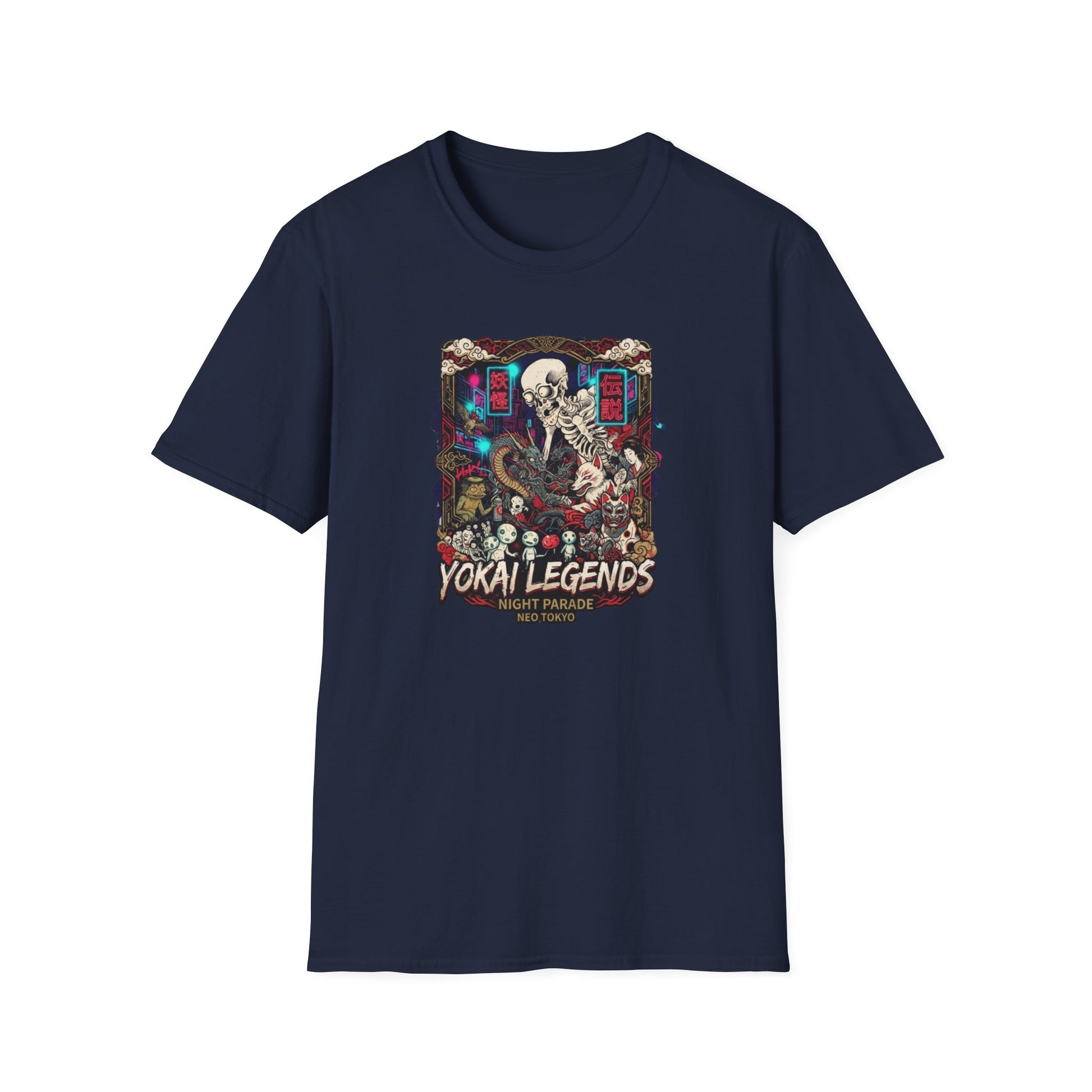 Night Parade Yokai T-Shirt Navy — Skelett Yokai Streetwear Vorderansicht