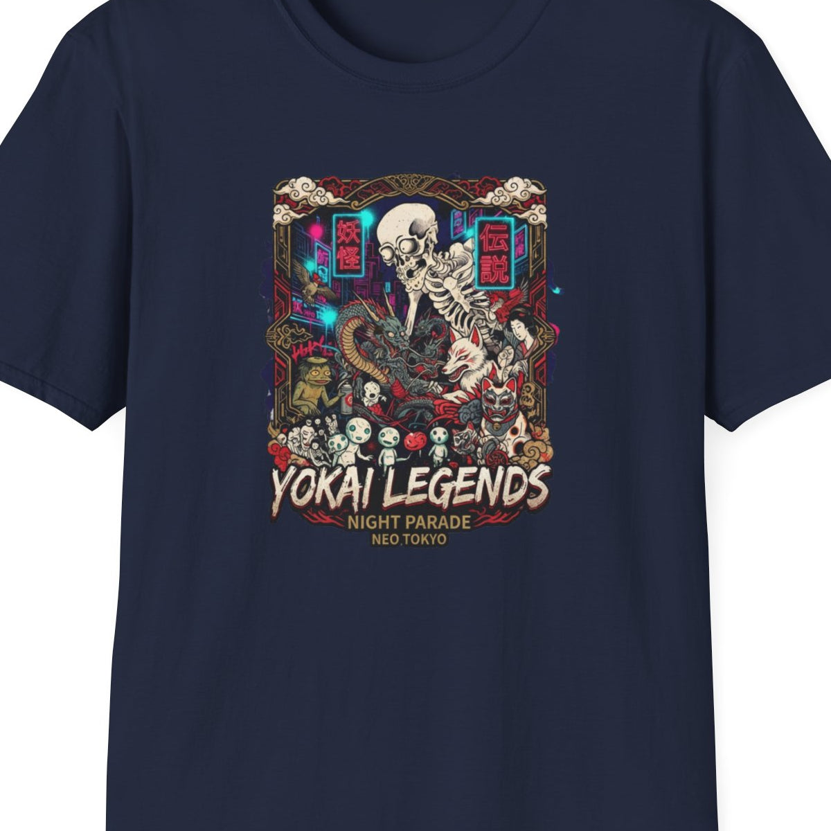 Night Parade Yokai T-Shirt Navy — Skelett Yokai Streetwear Vorderansicht – Design Nahaufnahme