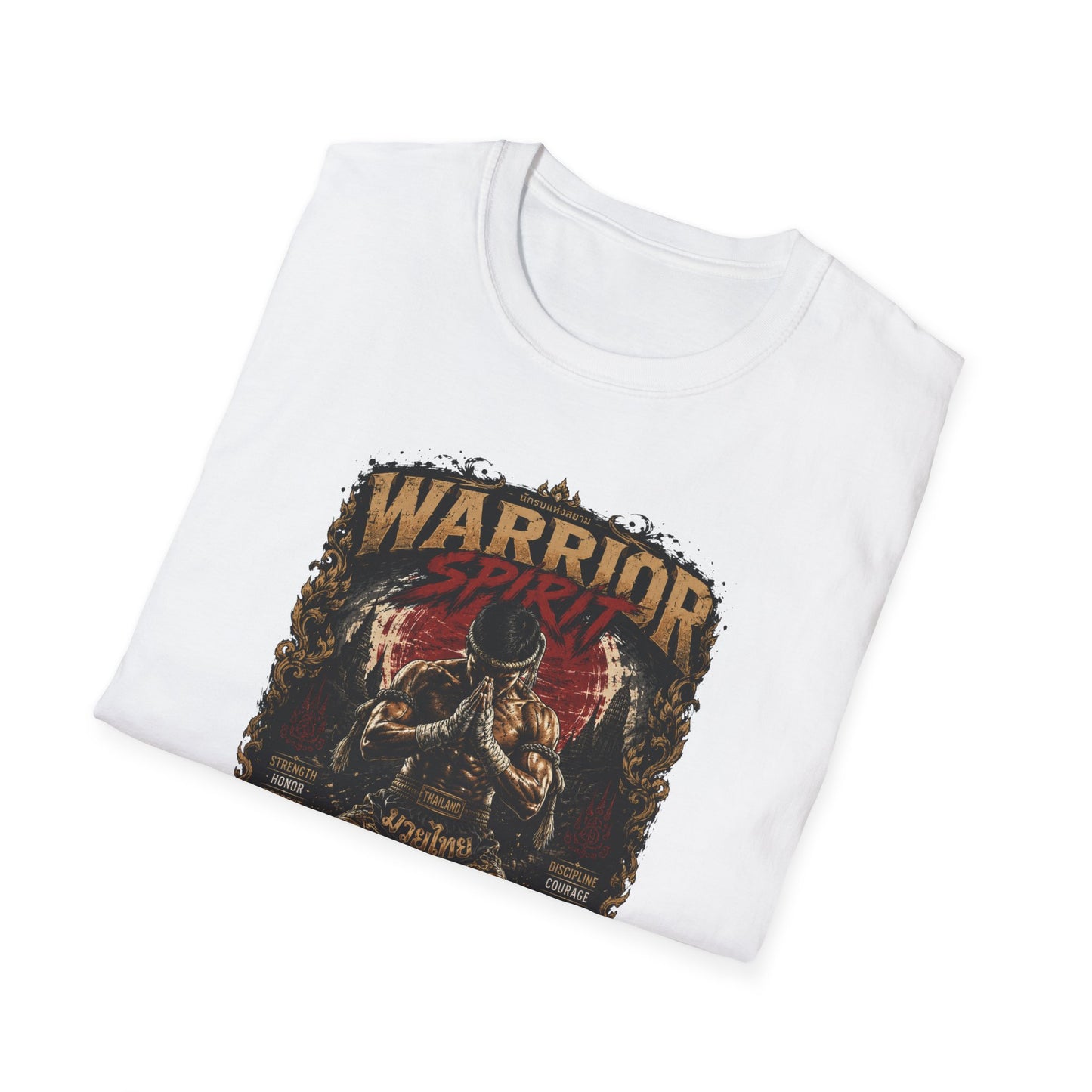 Thai Warrior T-Shirt Weiß gefaltet – Muay Thai Design Nahaufnahme