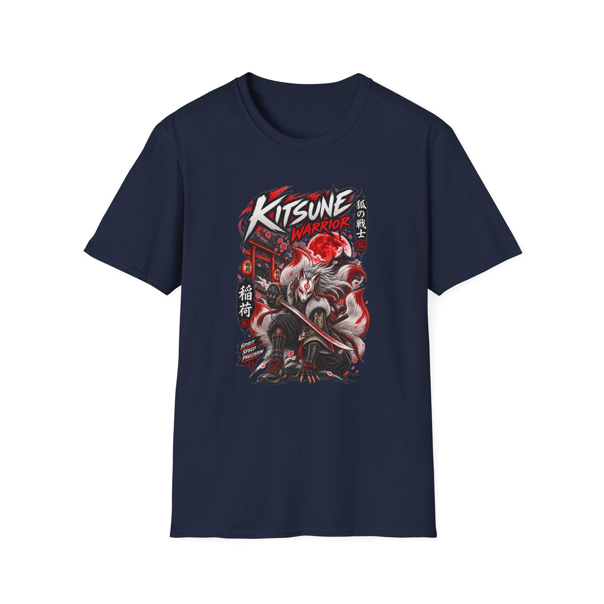 Kitsune Warrior T-Shirt Navy — Kitsune Maske Anime Streetwear Vorderansicht