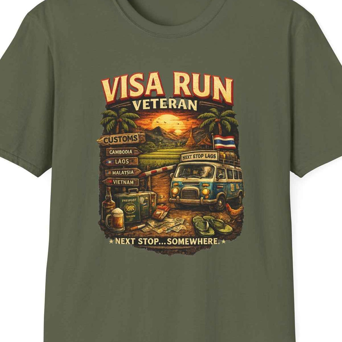 Visa Run Veteran T-Shirt militärgrün Southeast Asia Travel Expat Streetwear – Design Nahaufnahme