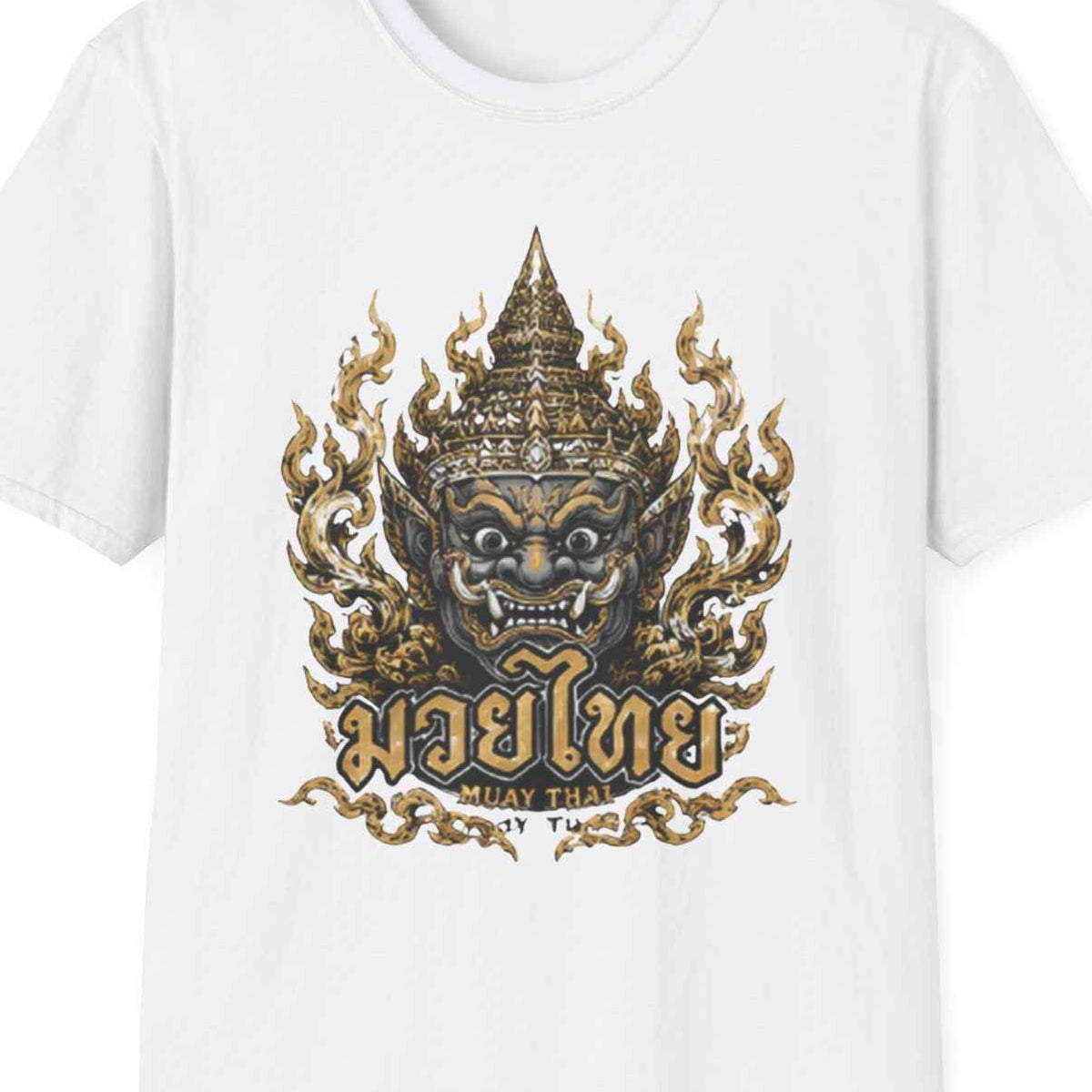 Muay Thai Yaksha Guardian T-Shirt weiß goldene Thai Dämonen Maske Thai Boxing Graphic Tee Geschenk – Design Nahaufnahme