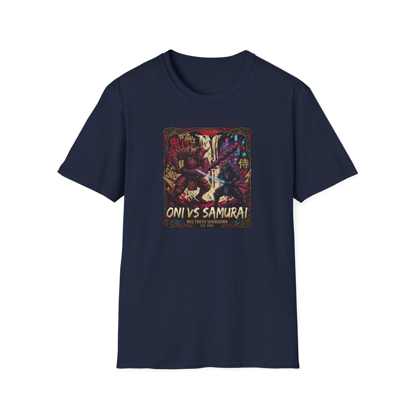 Oni vs Samurai T-Shirt Navy – Japanese Streetwear Anime Vorderansicht