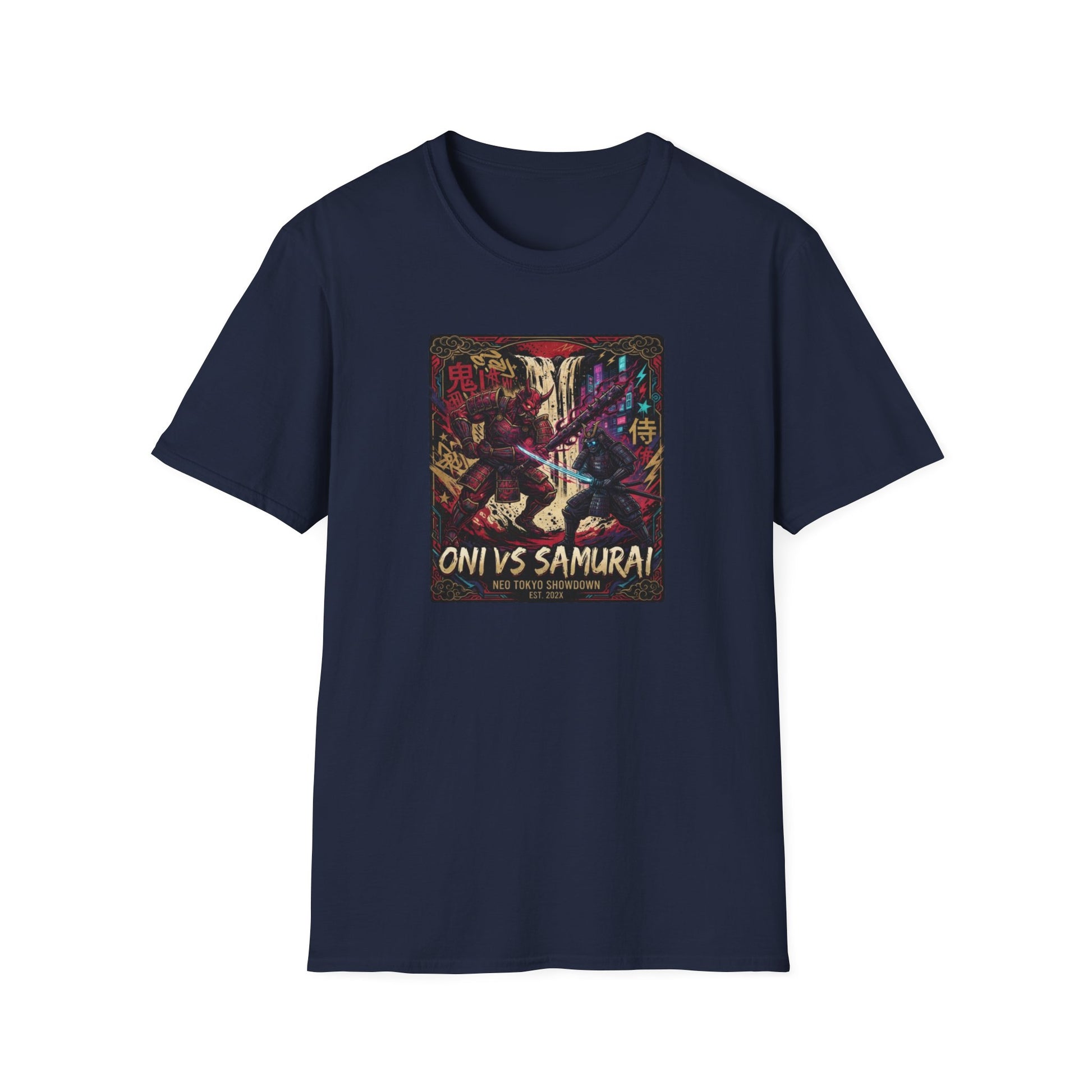 Oni vs Samurai T-Shirt Navy – Japanese Streetwear Anime Vorderansicht