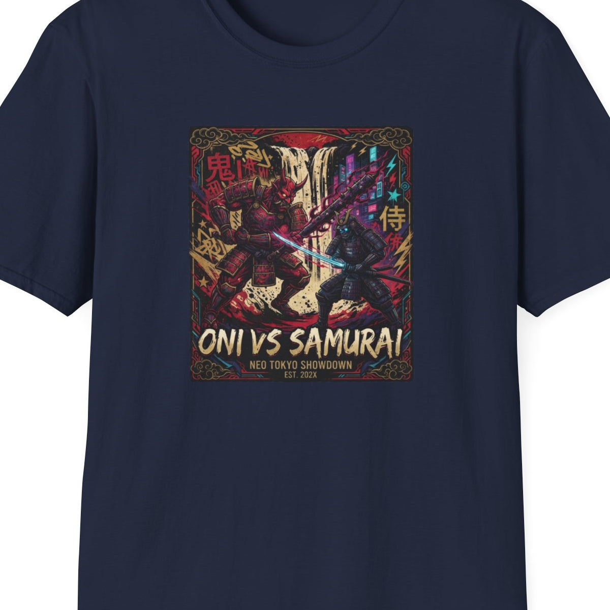 Oni vs Samurai T-Shirt Navy – Japanese Streetwear Anime Vorderansicht – Design Nahaufnahme