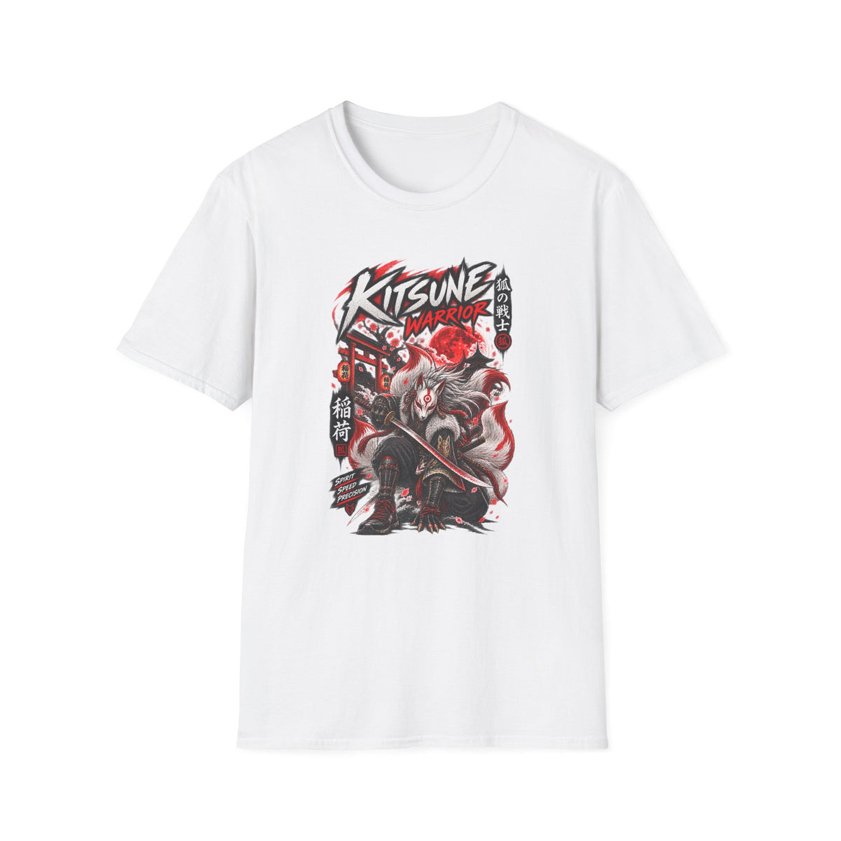 Kitsune Warrior T-Shirt weiß — Kitsune Maske Samurai Streetwear Vorderansicht