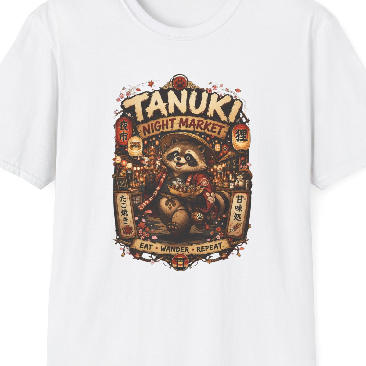 Military Green Tanuki Night Market T-Shirt – Design Nahaufnahme