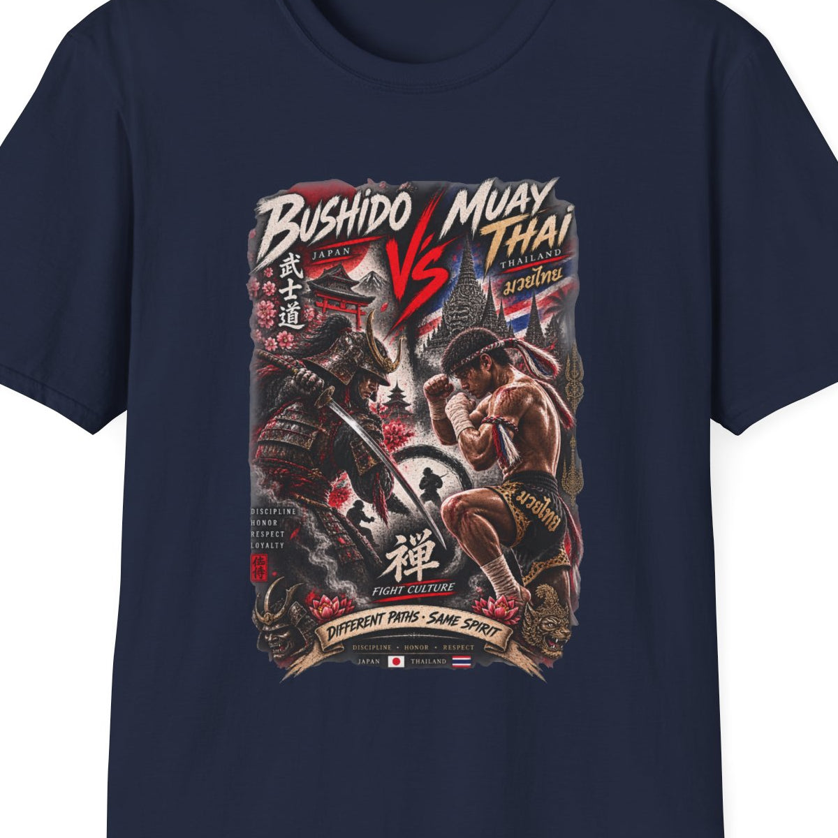 Bushido vs Muay Thai T-Shirt Navy — Samurai Kämpfer Streetwear Vorderansicht