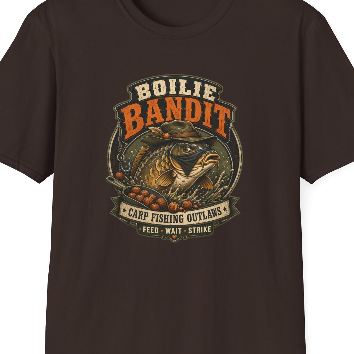 Boilie Bandit Angler T-Shirt Dark Chocolate Karpfenangeln Geschenk Vorderansicht – Design Nahaufnahme