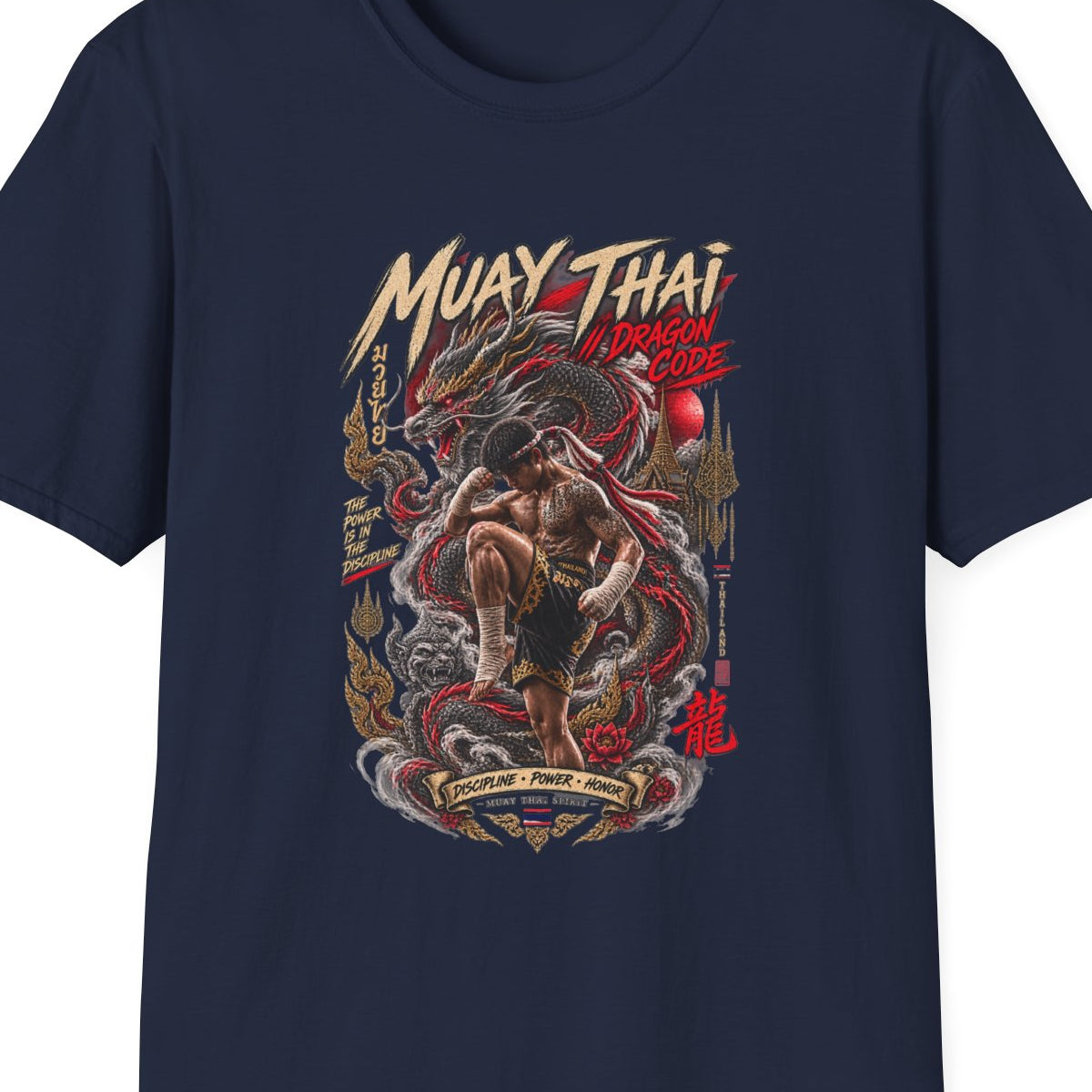 Muay Thai Dragon Code T-Shirt Navy — Thai Boxing Drachen Kämpfer Streetwear Vorderansicht