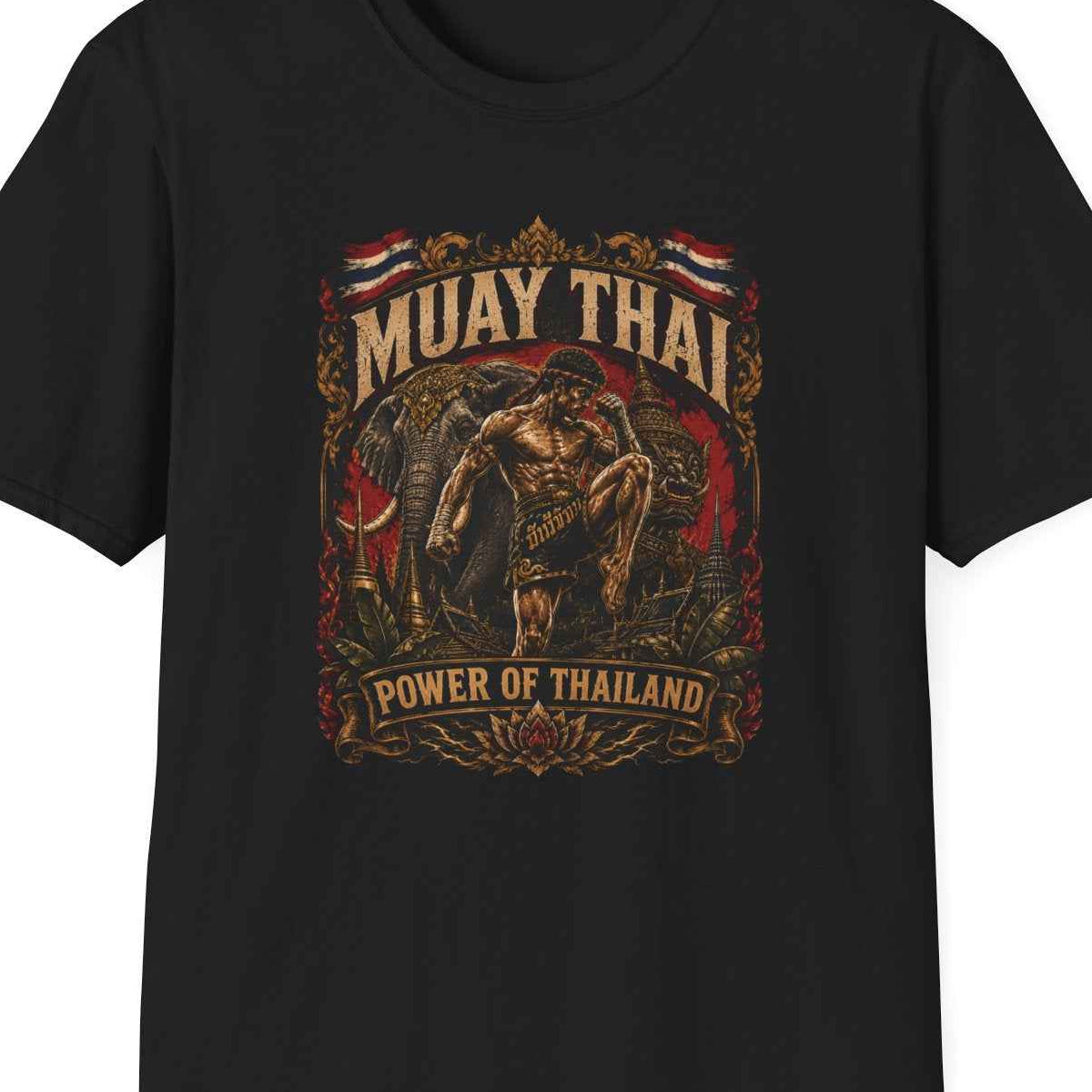 Muay Thai Born to Fight T-Shirt schwarz – Thai Streetwear Fighter Vorderansicht – Design Nahaufnahme