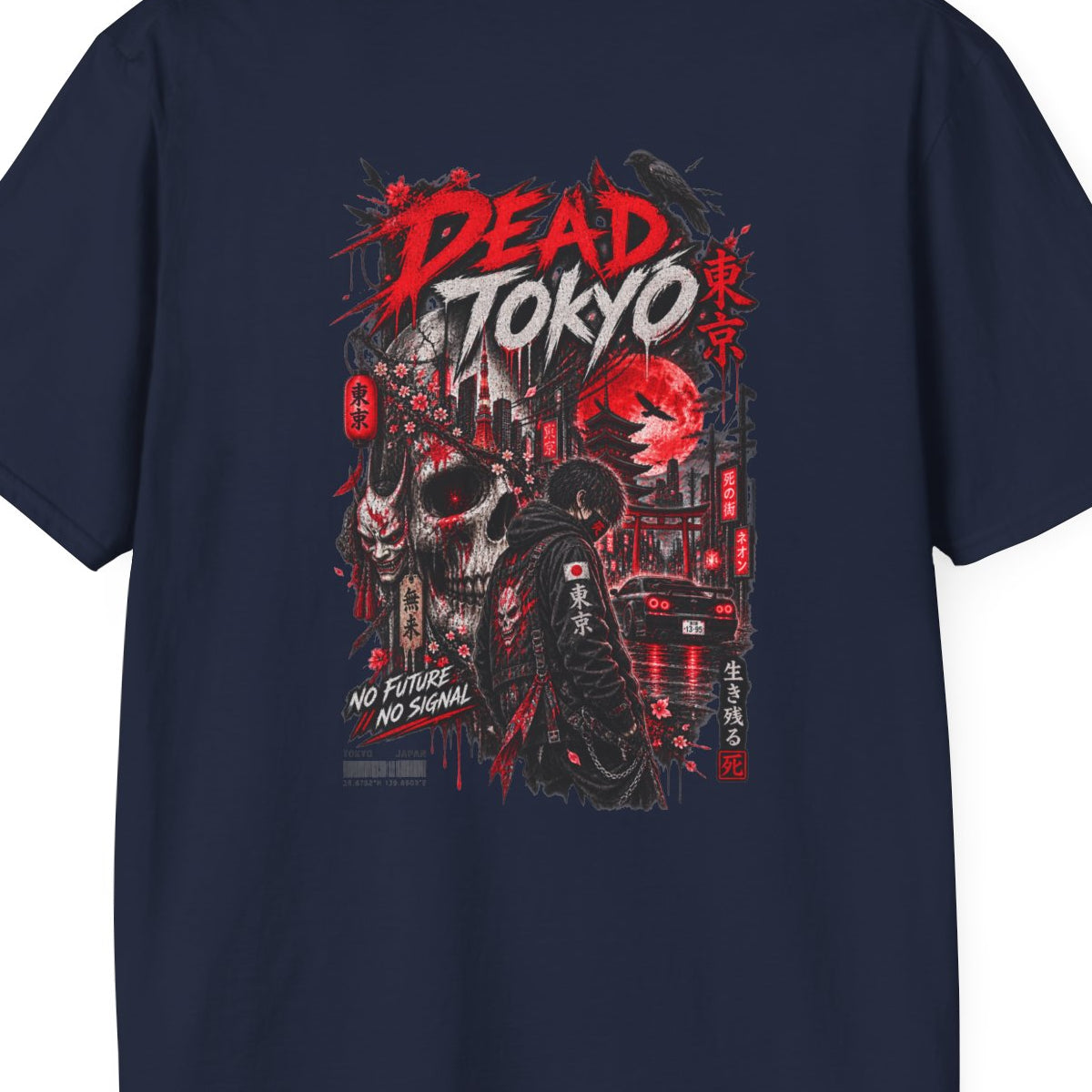 Dead Tokyo T-Shirt navy — Totenkopf Streetwear Vorderansicht – Design Nahaufnahme