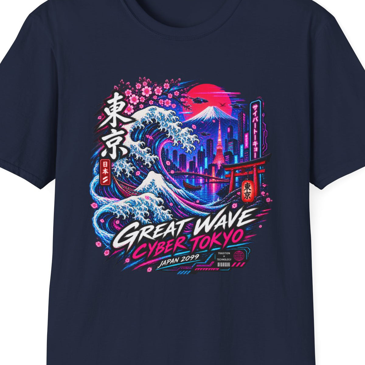 Navy Neon Tokyo Wave T-Shirt – Design Nahaufnahme