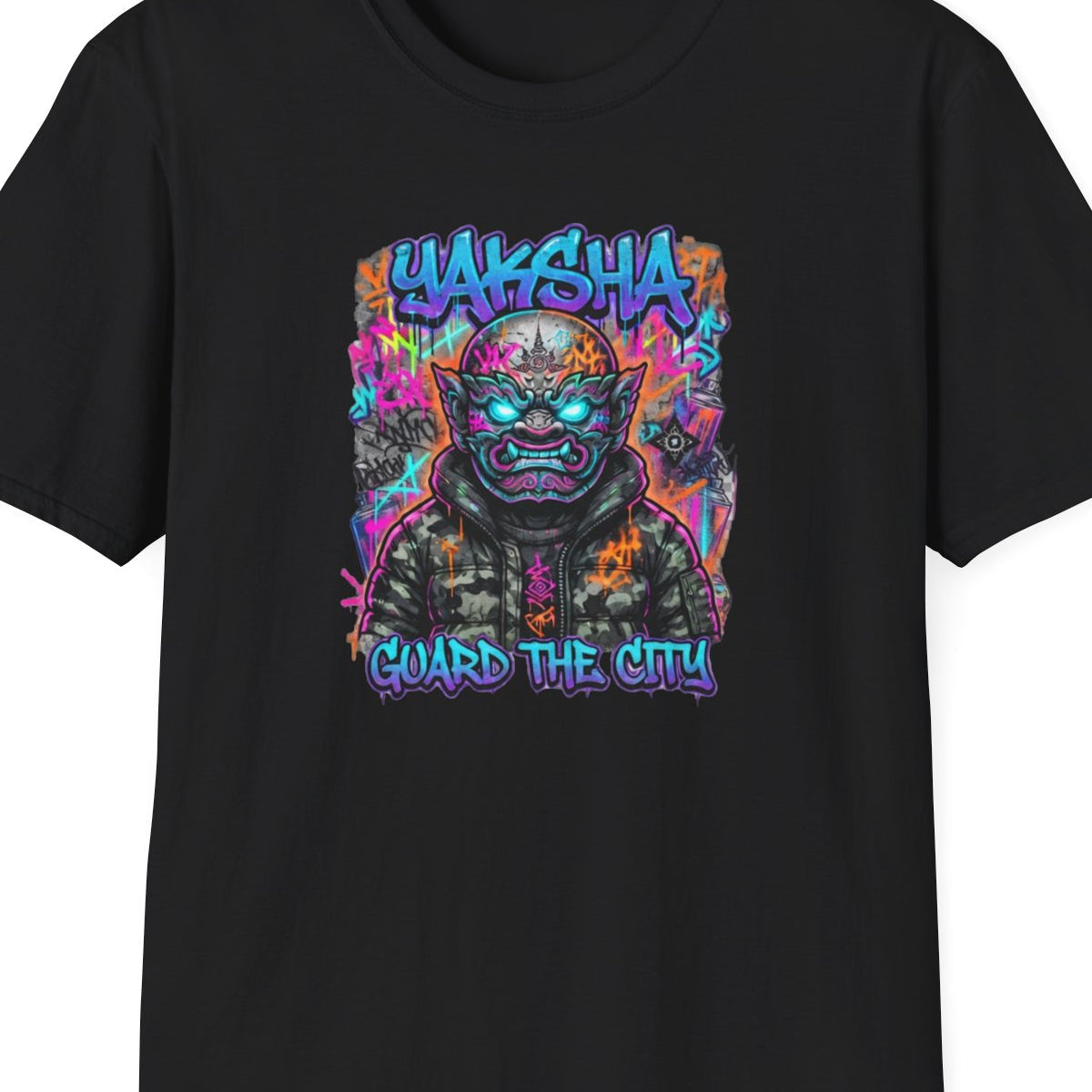 Yaksha T-Shirt schwarz — Neon Dämon Streetwear Vorderansicht – Design Nahaufnahme