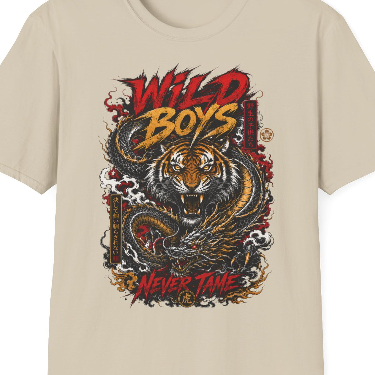 Wild Boys Never Tame T-Shirt beige Tiger Dragon Design Nahaufnahme Japanese Streetwear