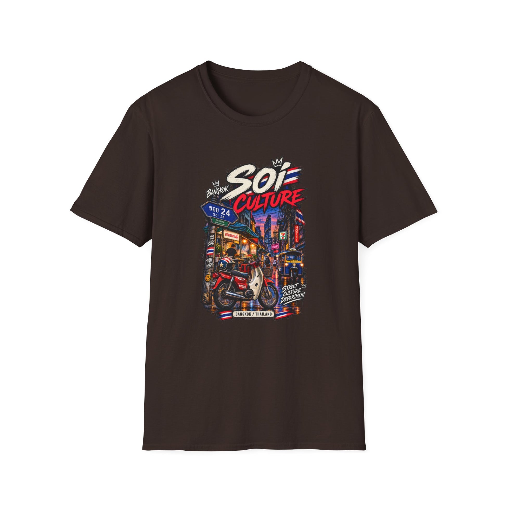 Bangkok Soi Culture T-Shirt Dark Chocolate — Street Scooter Graphic Tee Geschenk