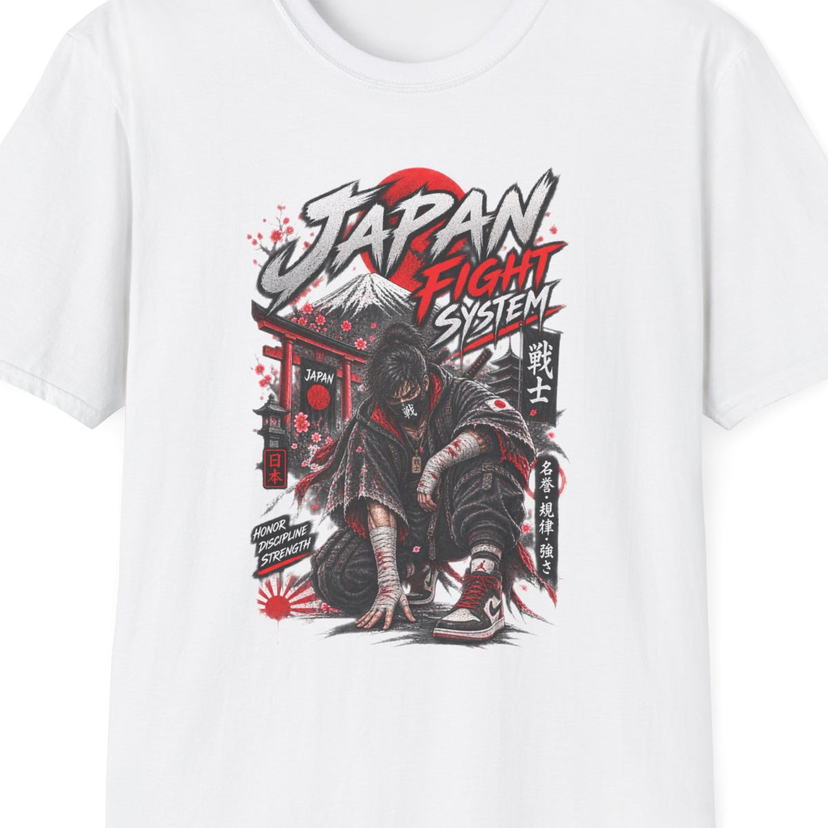 Japan Fight System T-Shirt weiß — Samurai Krieger Japanese Streetwear Vorderansicht