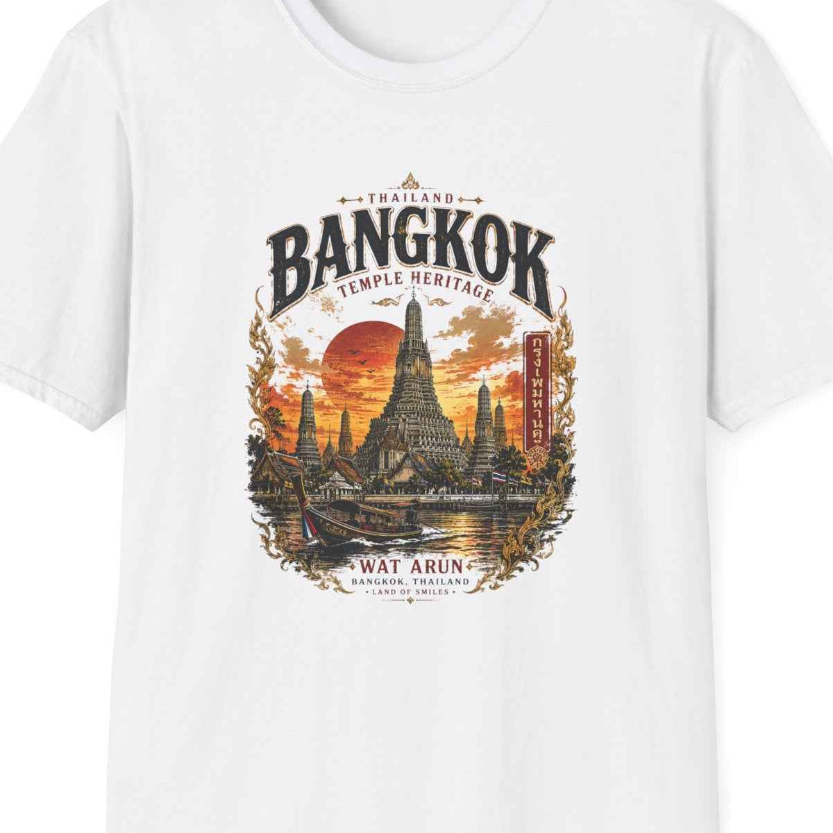 Wat Arun Tempel T-Shirt – Bangkok Thailand Vintage Streetwear mit Retro-Poster-Print – Design Nahaufnahme