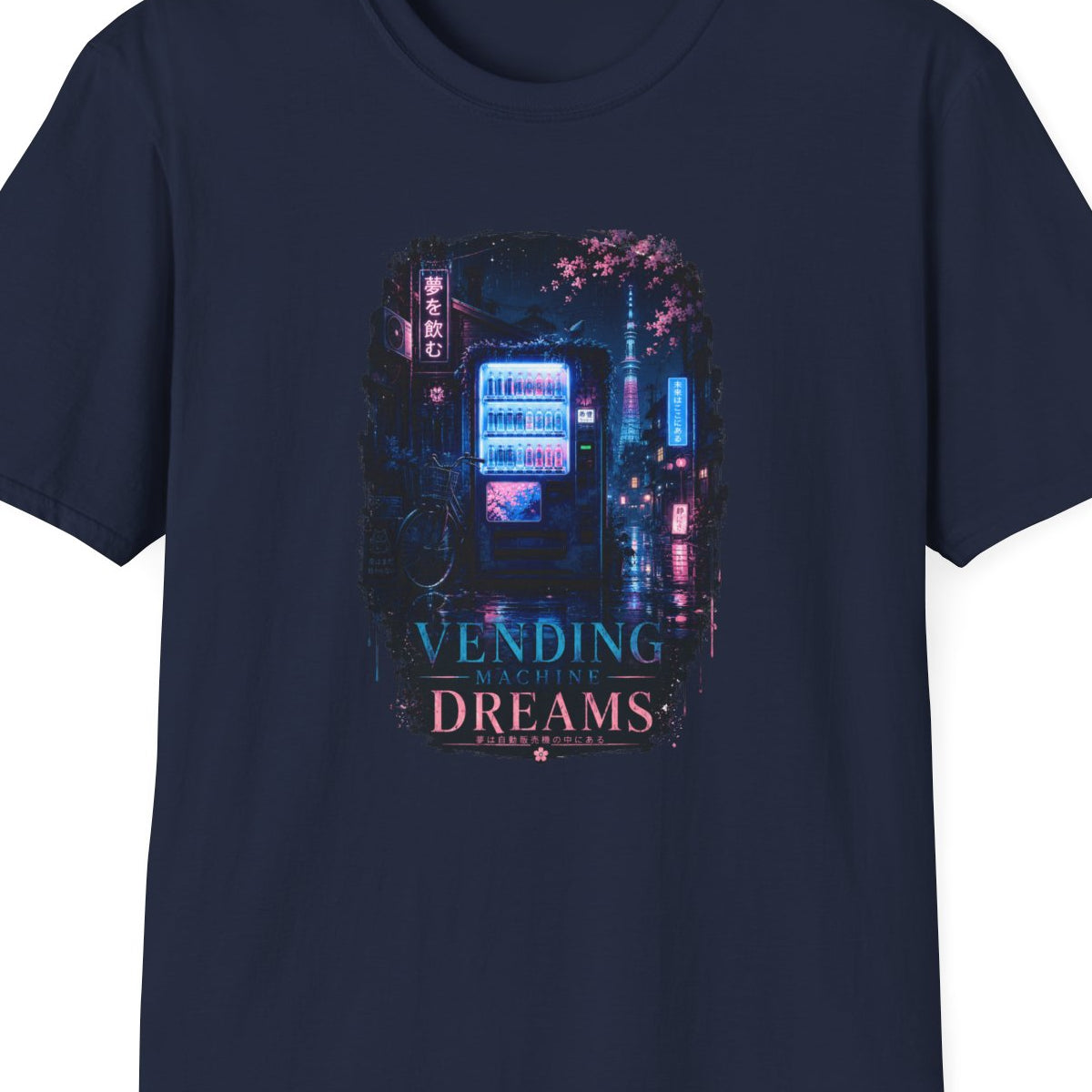 Vending Machine Dreams T-Shirt Navy Neon Tokyo Graphic Tee – Design Nahaufnahme