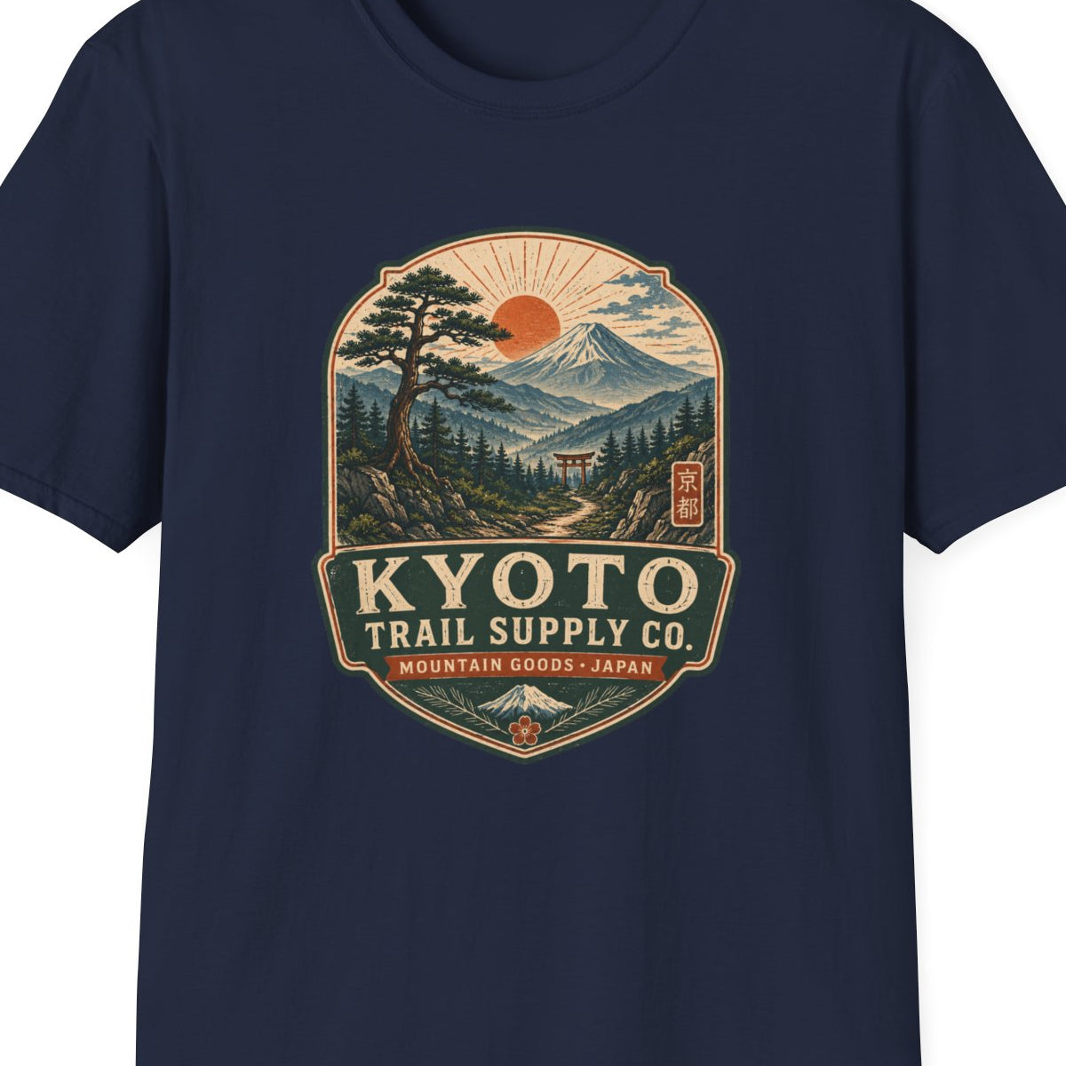Kyoto Trail Supply Co. T-Shirt Navy Japan Vintage Graphic Tee Unisex Vorderansicht – Design Nahaufnahme