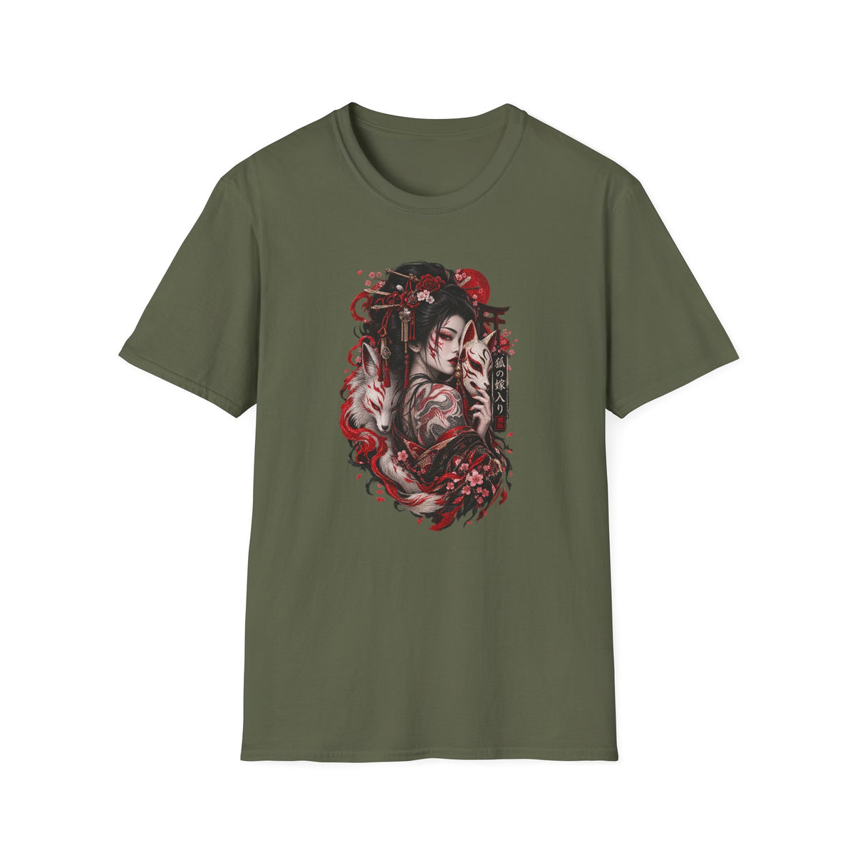 Geisha Kitsune T-Shirt Olivgrün — Japanische Streetwear Vorderansicht
