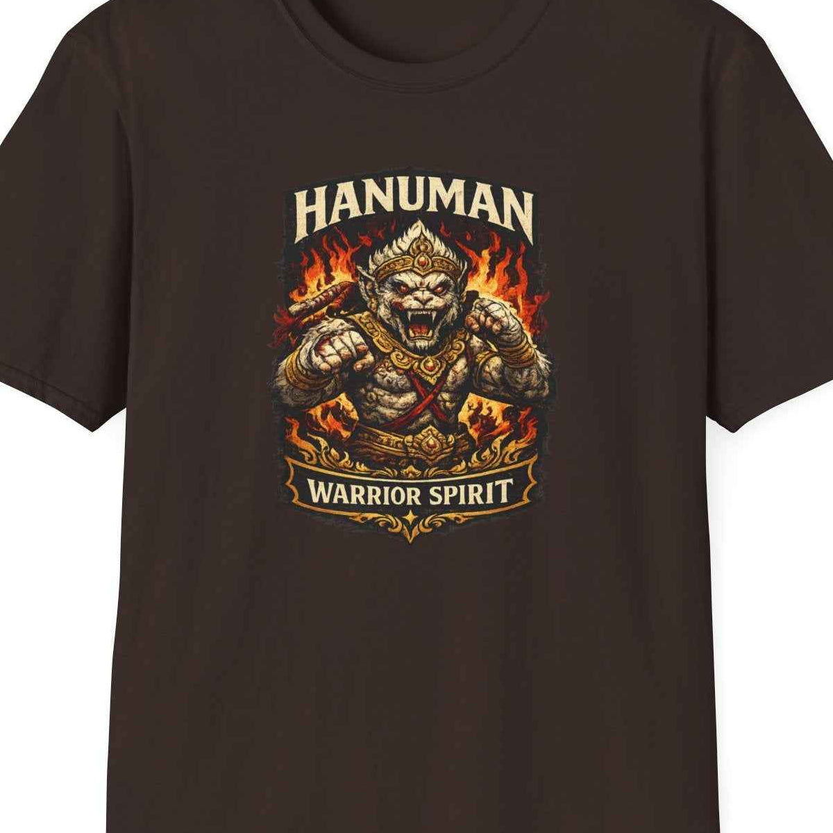 Dark Chocolate Hanuman Warrior Spirit T-Shirt – Design Nahaufnahme