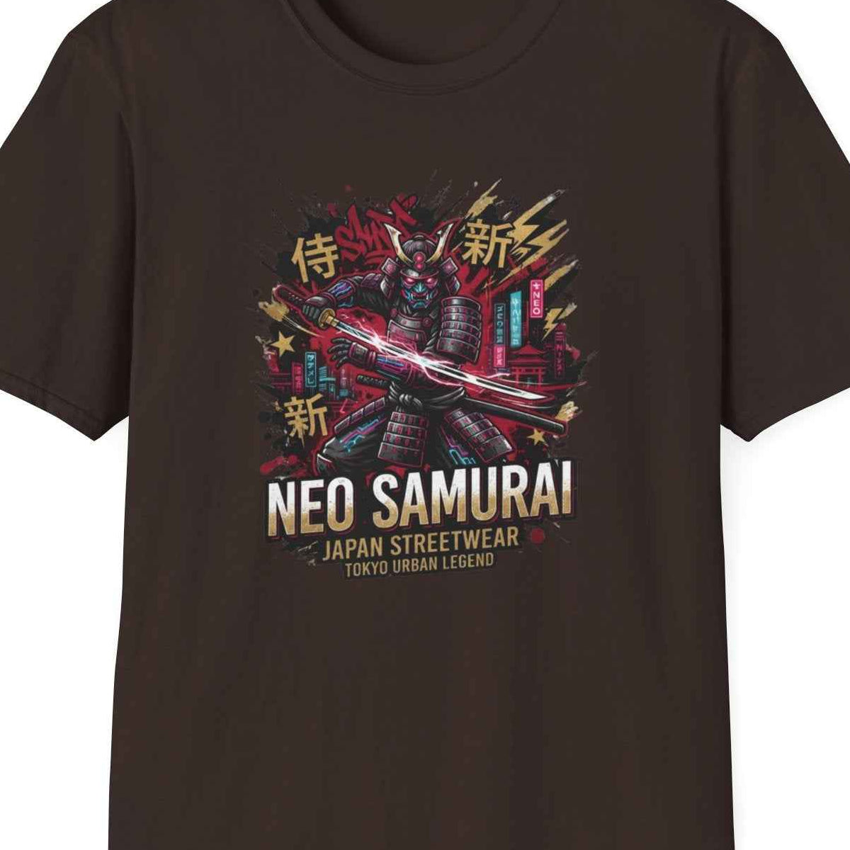 Neo Samurai T-Shirt dunkelbraun Katana Japanese Streetwear Graphic Tee – Design Nahaufnahme