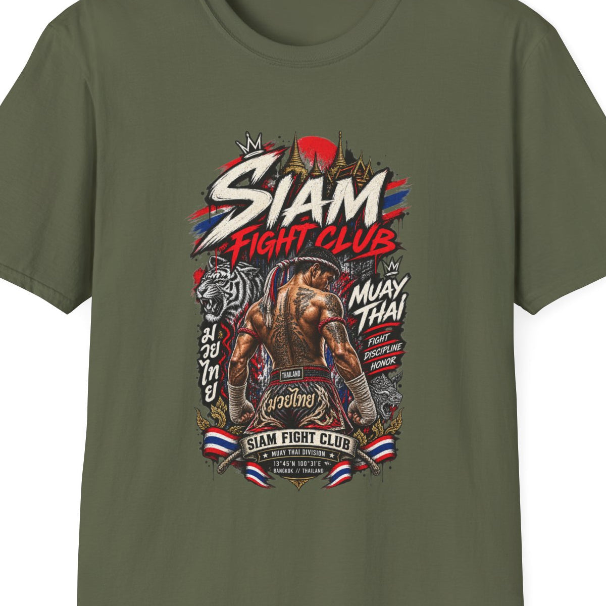 Asian Streetwear T-Shirt grün — Siam Muay Thai Motiv – Design Nahaufnahme