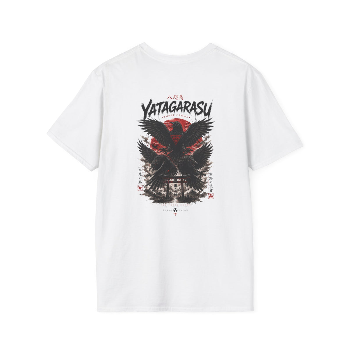 Yatagarasu T-Shirt weiß — drei Krähen und rote Sonne als Backprint