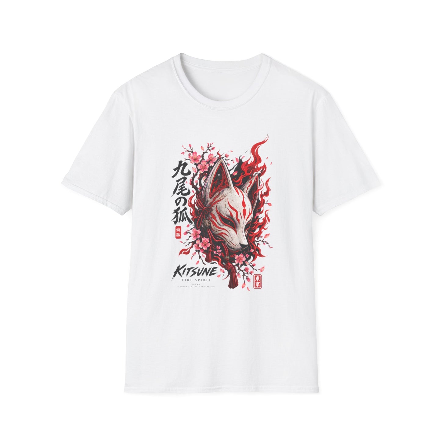 Kitsune Fire Spirit T-Shirt weiß — Feuerfuchs Graphic Tee Japanese Streetwear Geschenk