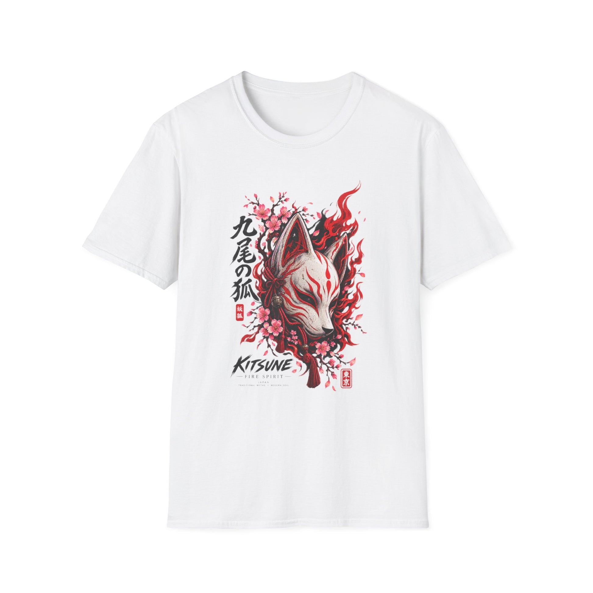 Kitsune Fire Spirit T-Shirt weiß — Feuerfuchs Graphic Tee Japanese Streetwear Geschenk