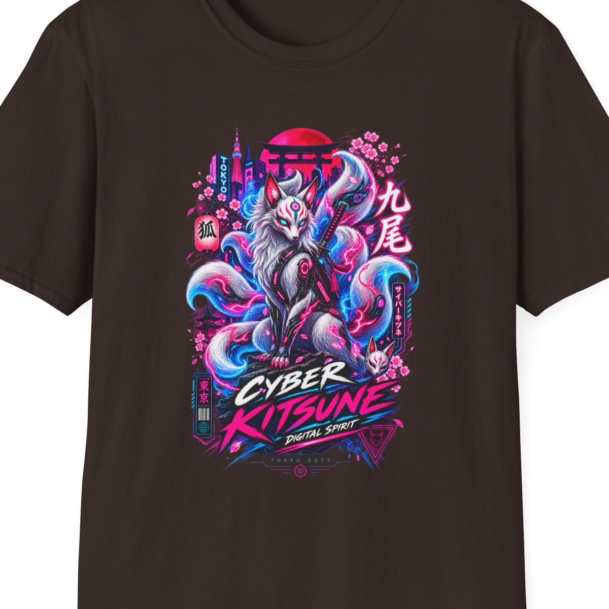 Sakura Kitsune T-Shirt Dark Chocolate — Cyberpunk Fox Graphic Tee Japanese Streetwear – Design Nahaufnahme