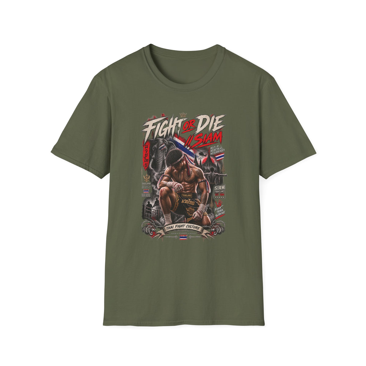 Fight or Die Muay Thai T-Shirt Military Green — Thai Boxen Streetwear Vorderansicht